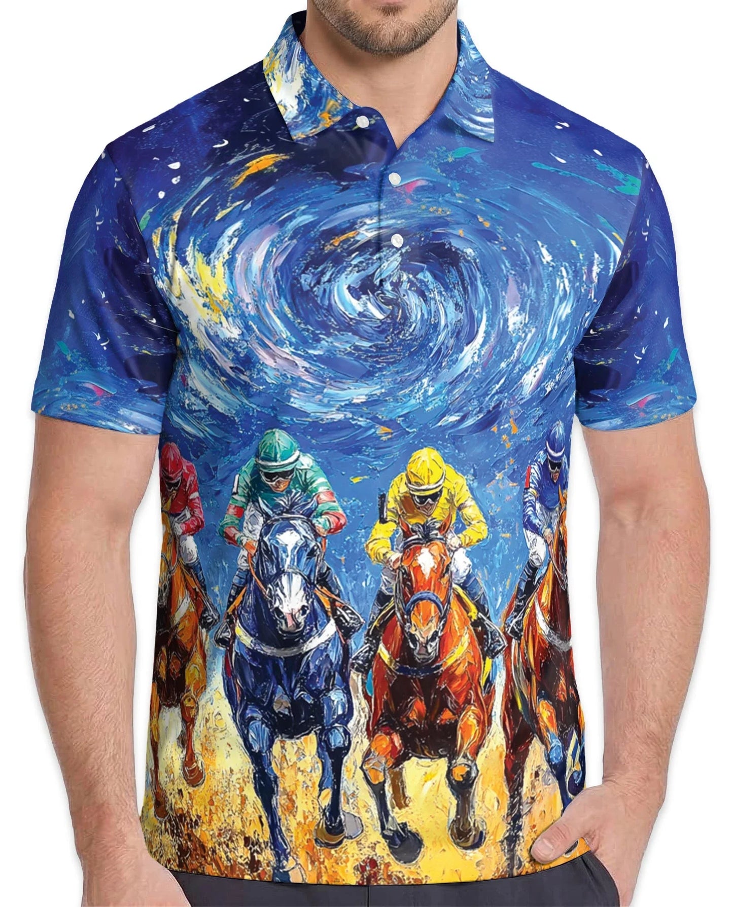 Horse Racing Starry Night Polo Shirt for Men, Artistic Equestrian Style | Azhawaiian
