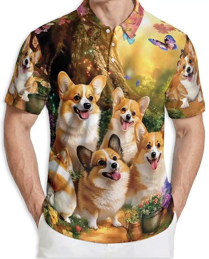 Cute Corgi Garden 3D Polo Shirt for Men, Fantasy Dog Nature Style | Azhawaiian