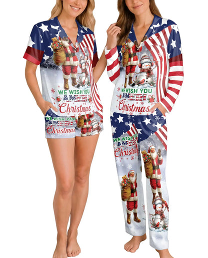 Patriotic Santa Christmas Pajama Set for Women – American Flag & Snowman Print