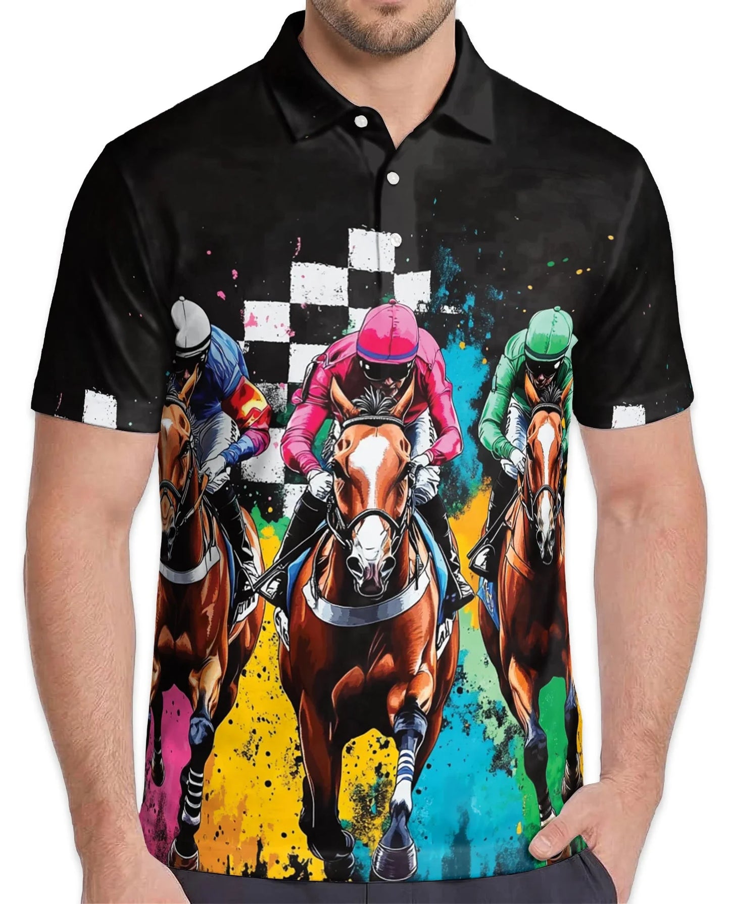 Artistic Colorful Horse Racing Polo Shirt for Men, Equestrian Art Style | Azhawaiian