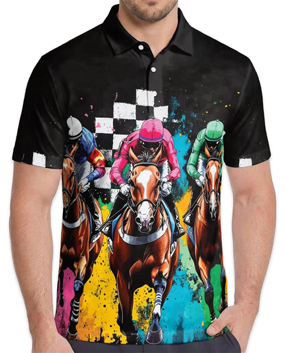 Artistic Colorful Horse Racing Polo Shirt for Men, Equestrian Art Style | Azhawaiian