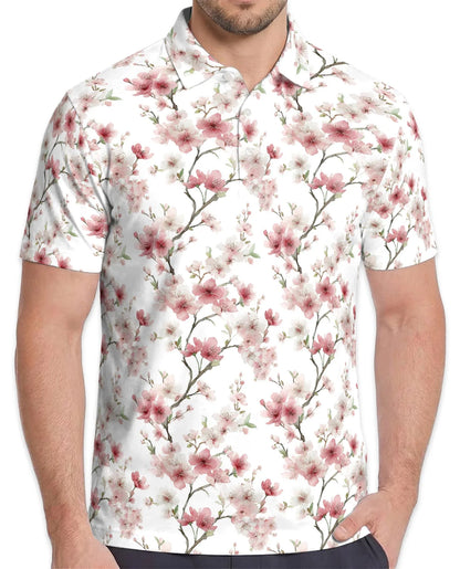 Cherry Blossom Pattern Polo Shirt for Men, Japanese Floral Style | Azhawaiian