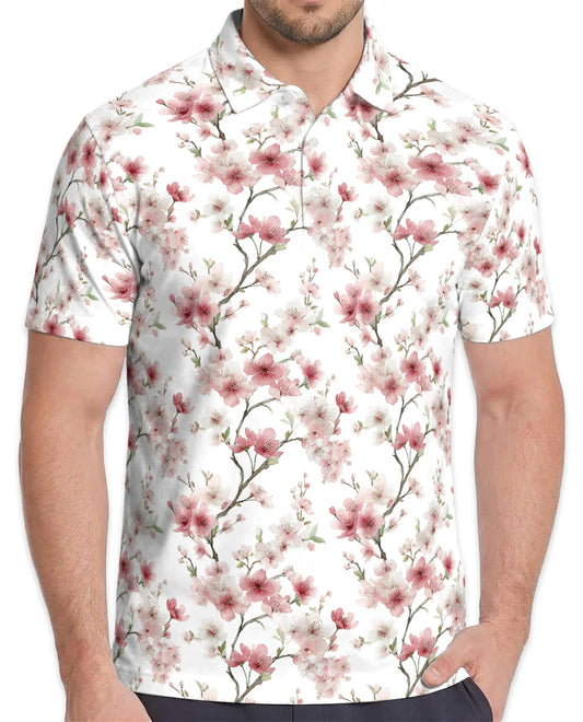 Cherry Blossom Pattern Polo Shirt for Men, Japanese Floral Style | Azhawaiian