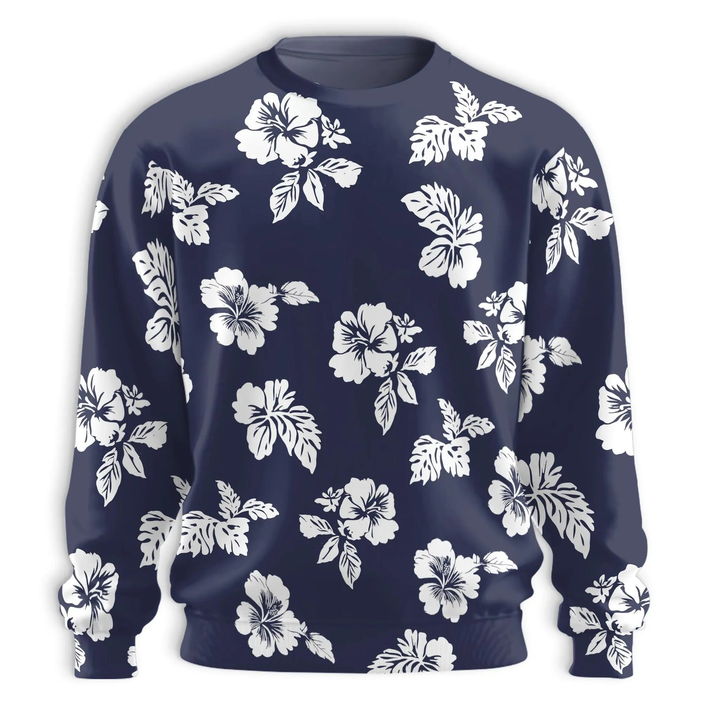 White Hibiscus Pattern Navy Blue Sweatshirt – Tropical 3D All Over Print Design