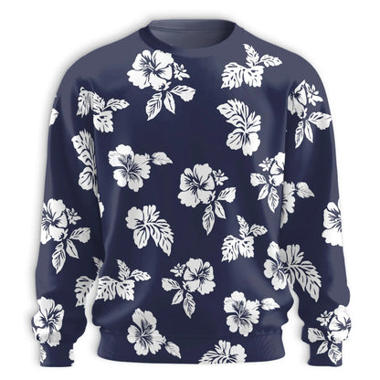 White Hibiscus Pattern Navy Blue Sweatshirt – Tropical 3D All Over Print Design