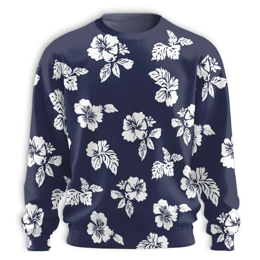 White Hibiscus Pattern Navy Blue Sweatshirt – Tropical 3D All Over Print Design