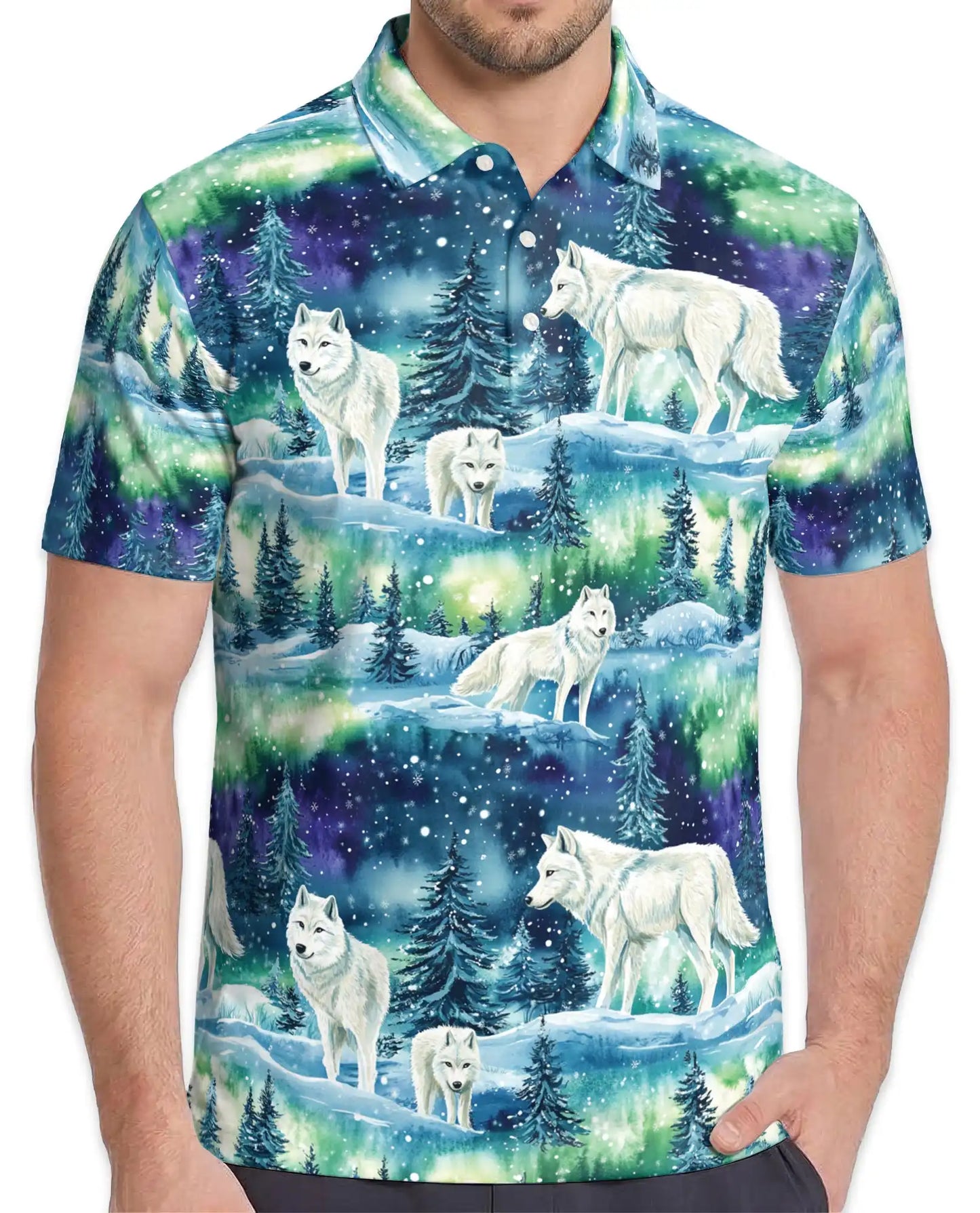 Wolf Aurora Polo Shirt, Northern Lights Winter Scene | Azhawaiian