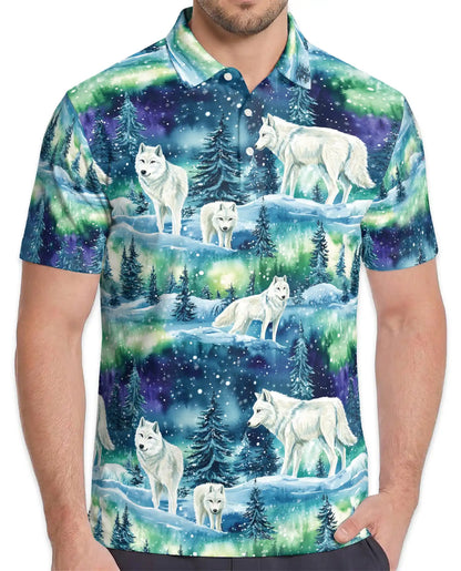 Wolf Aurora Polo Shirt, Northern Lights Winter Scene | Azhawaiian