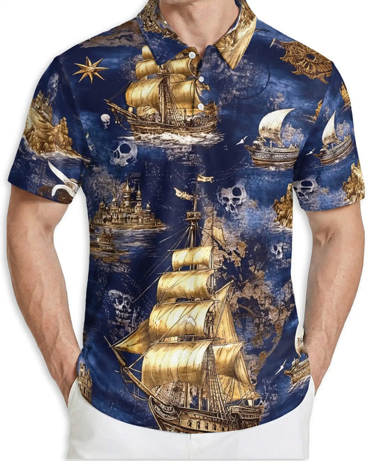 Vintage Pirate Ship 3D Polo Shirt for Men, Nautical Skull Ocean Style | Azhawaiian
