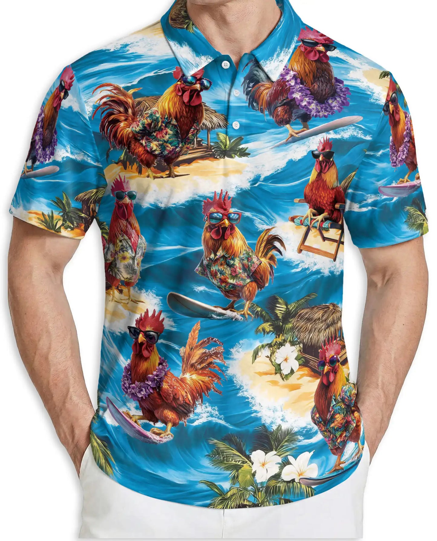 Surfing Rooster 3D Polo Shirt for Men, Funny Beach Chicken Style | Azhawaiian