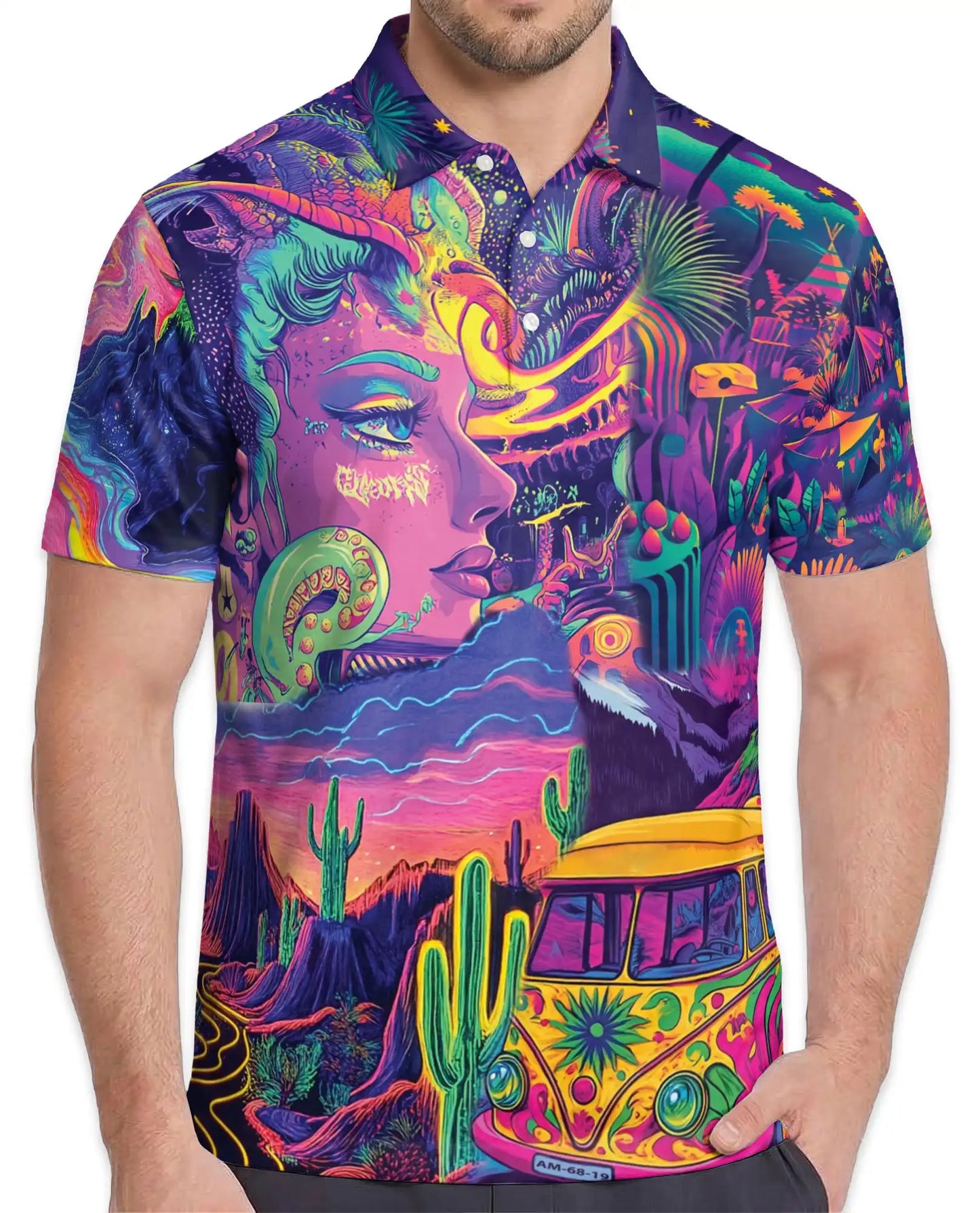 Psychedelic Desert Polo Shirt - Retro Festival Art Style | Azhawaiian