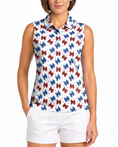 Patriotic Bow Print Sleeveless Polo Shirt for Women | Azhawaiian