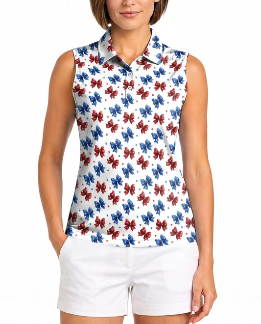 Patriotic Bow Print Sleeveless Polo Shirt for Women | Azhawaiian
