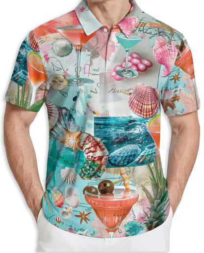 Tropical Beach Cocktail 3D Polo Shirt for Men, Coastal Summer Vacation Style | Azhawaiian