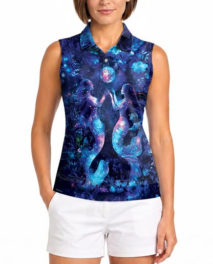 Black Floral Mermaid Sleeveless Polo Shirt for Women | Azhawaiian