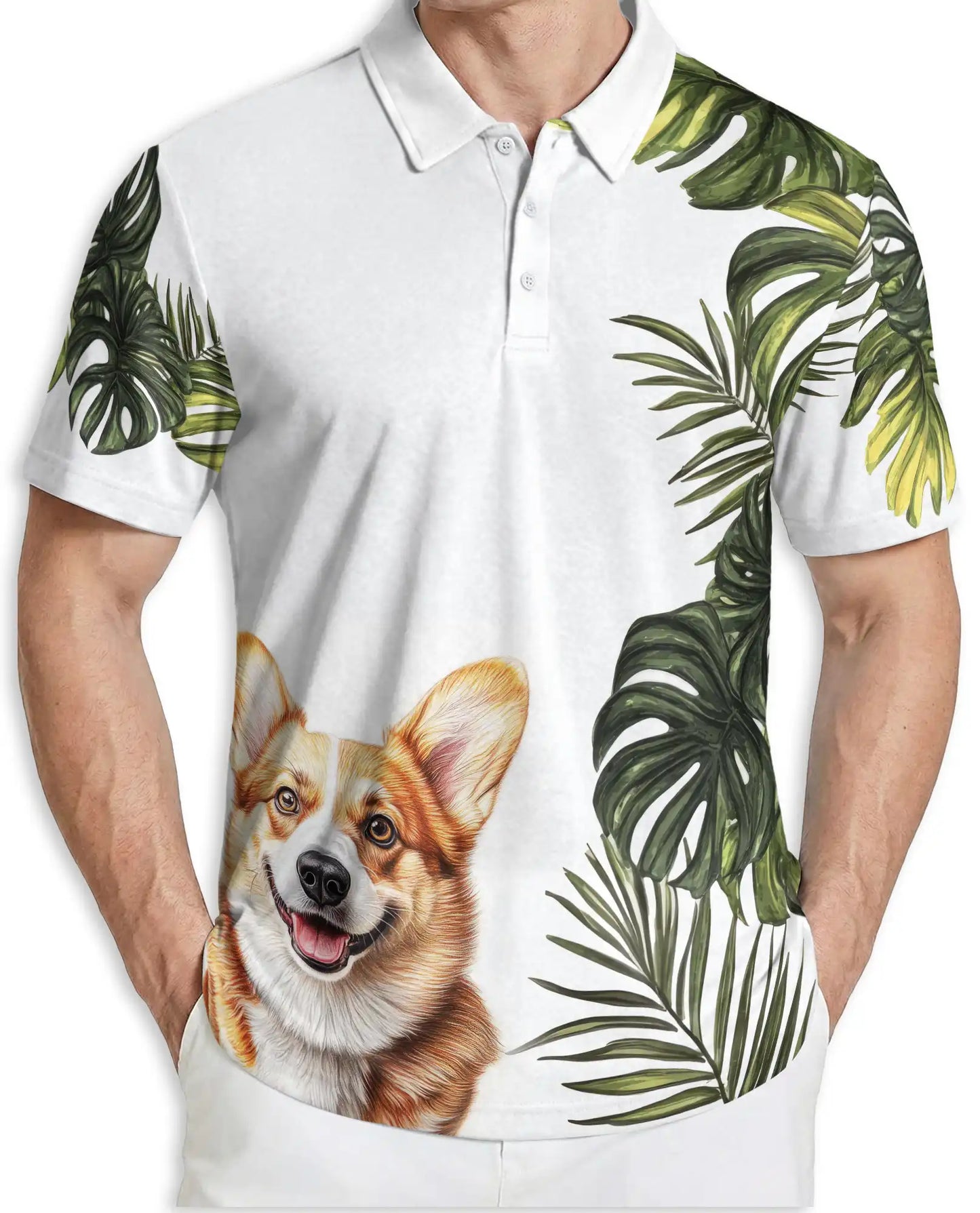 Cute Corgi Tropical Leaves 3D Polo Shirt for Men, Hawaiian Dog Lover Style | Azhawaiian