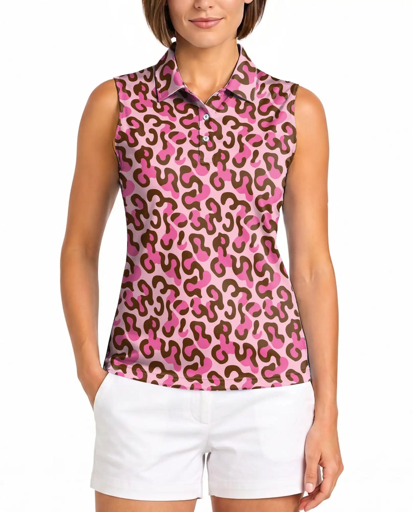 Pink Cheetah Print Sleeveless Polo Shirt for Women, Bold Animal Fashion Style | Azhawaiian