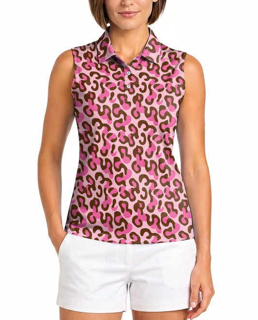 Pink Cheetah Print Sleeveless Polo Shirt for Women, Bold Animal Fashion Style | Azhawaiian