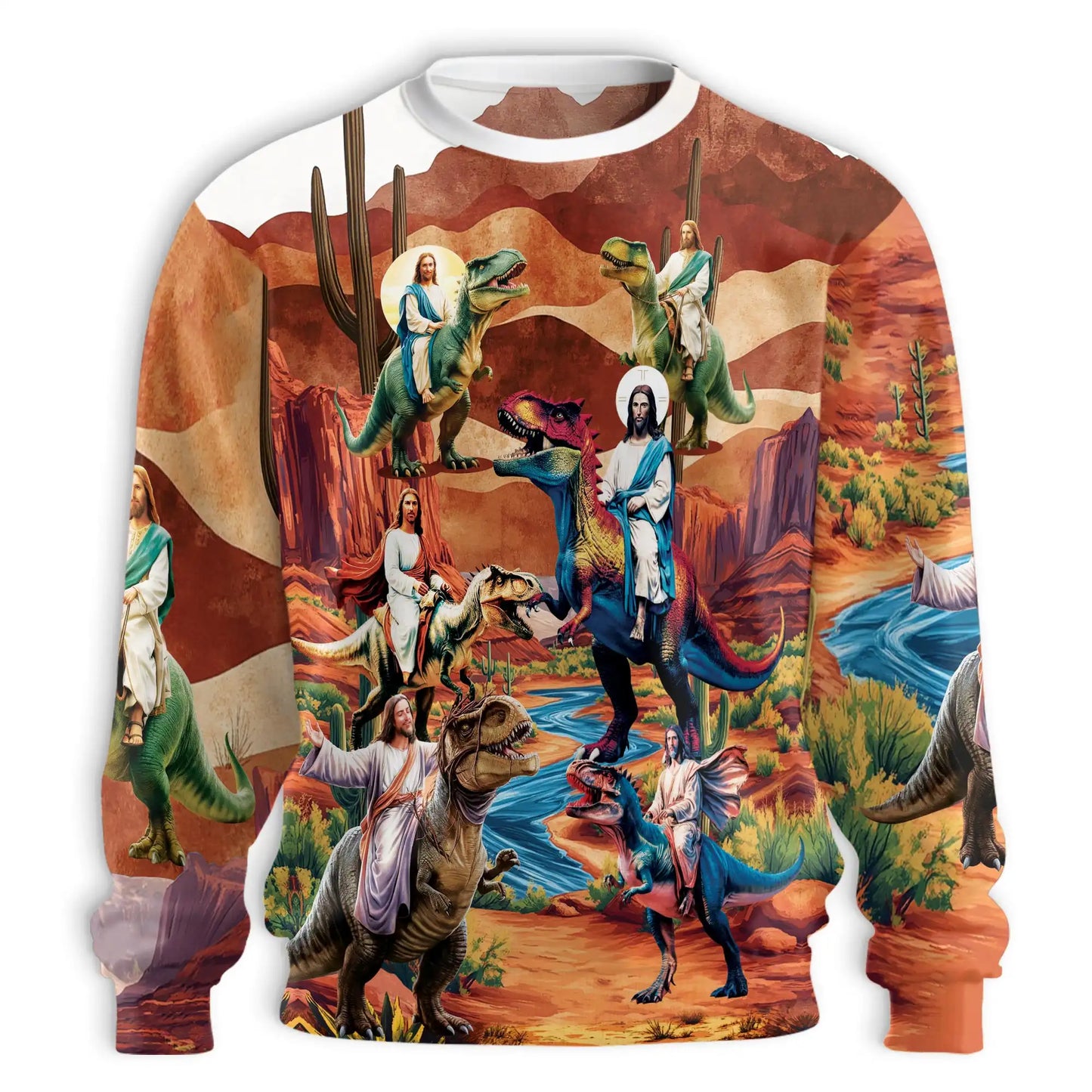 Jesus Riding Dinosaur Orange Sweatshirt – Colorful Graphic 3D All Over Print Design