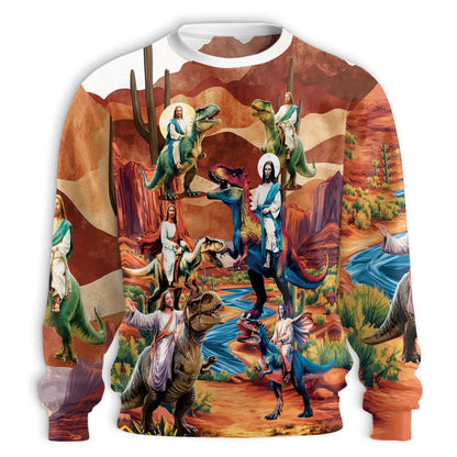 Jesus Riding Dinosaur Orange Sweatshirt – Colorful Graphic 3D All Over Print Design