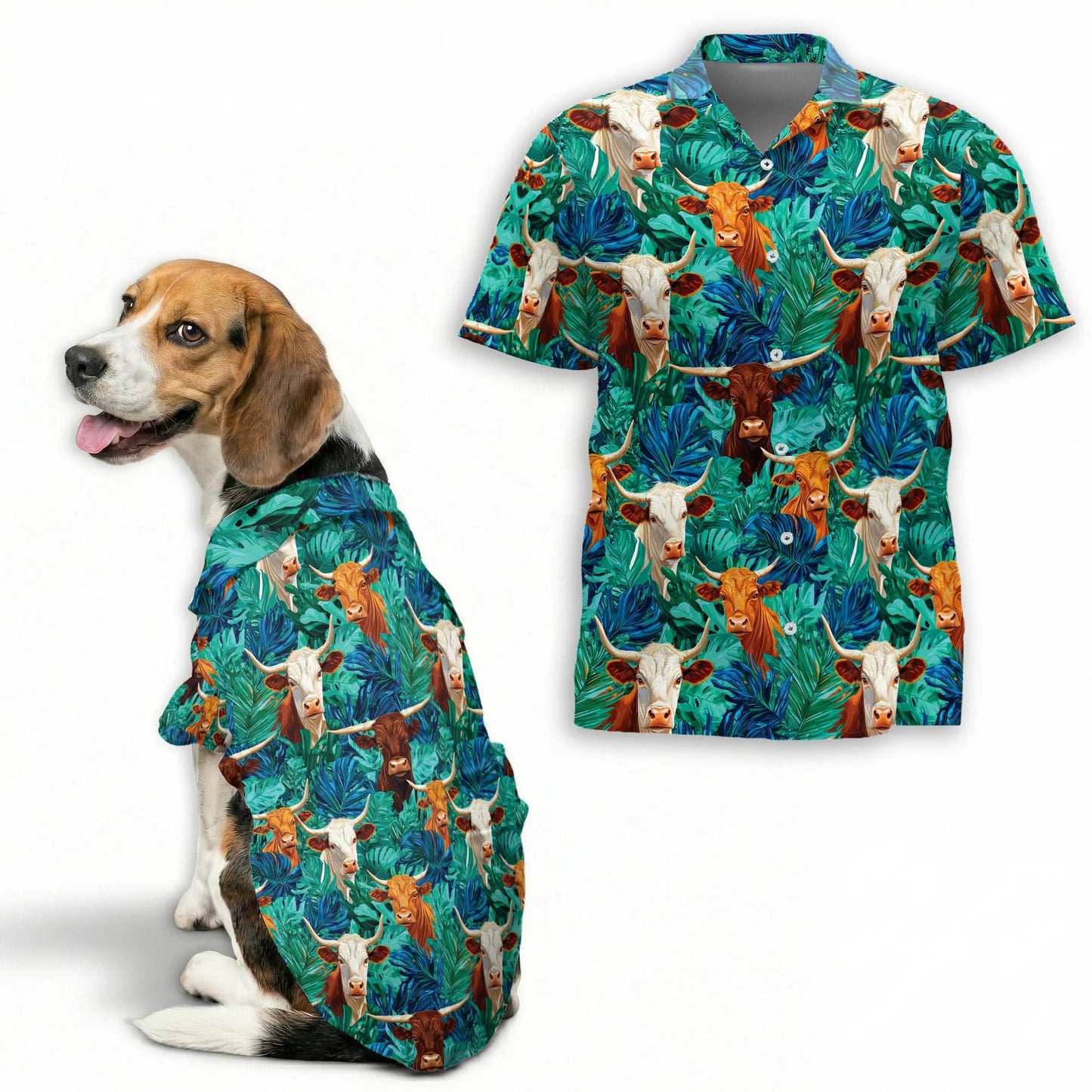 Texas Longhorn Cattle Tropical Leaf Print Matching Dog Owner Hawaiian Shirts, Funny Pet Aloha Shirt for Beach Vacation - Azhawaiian