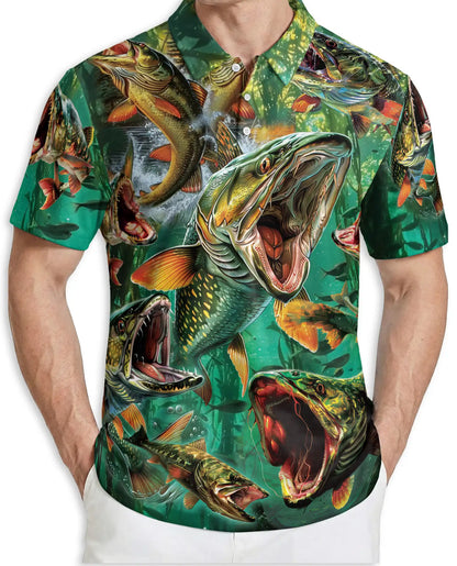 Northern Pike Fishing Polo Shirt for Men- Print Freshwater Angler Fish Shirt | Azhawaiian