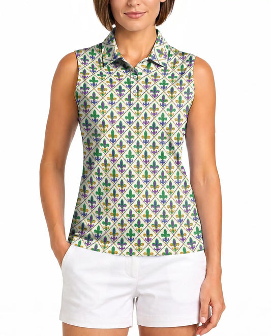 Mardi Gras Fleur de Lis Pattern Sleeveless Polo Shirt for Women | Azhawaiian