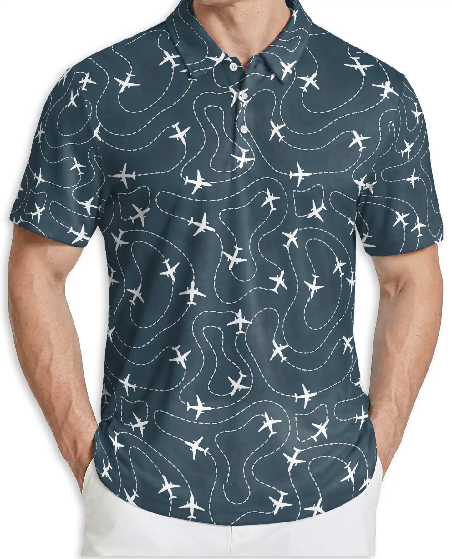 Airplane Flight Path 3D Polo Shirt for Men, Travel Aviation Pilot Style | Azhawaiian