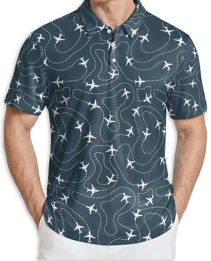 Airplane Flight Path 3D Polo Shirt for Men, Travel Aviation Pilot Style | Azhawaiian