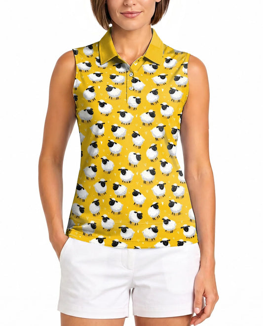 Cute Sheep Sleeveless Polo Shirt for Women, Adorable Farm Animal Style | Azhawaiian