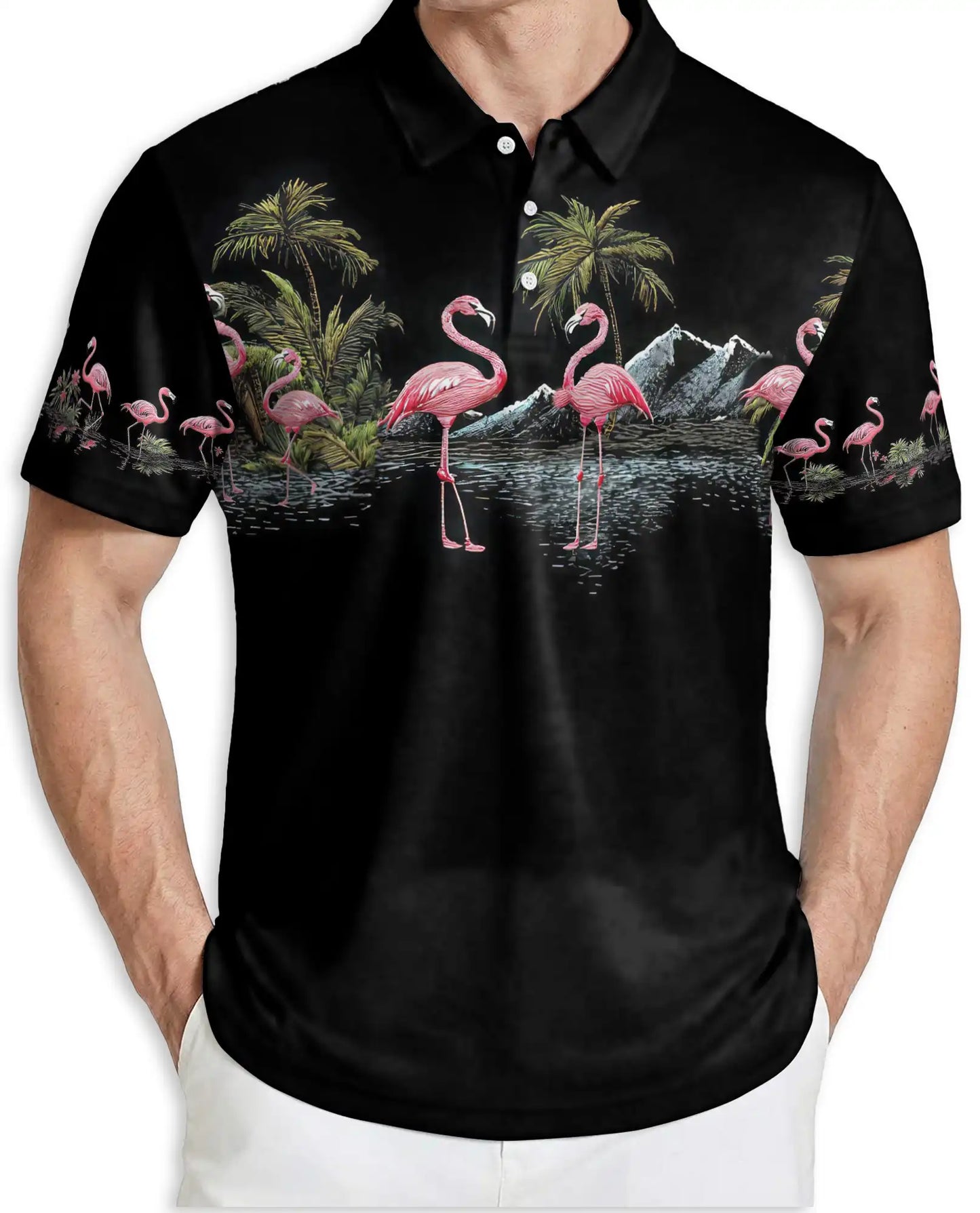 Pink Flamingo Tropical Paradise Polo Shirt for Men-Beach Summer Shirt | Azhawaiian