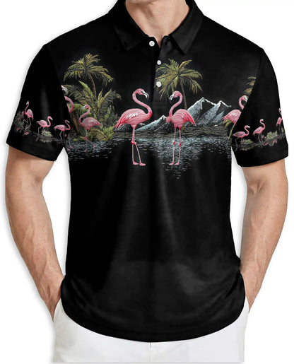 Pink Flamingo Tropical Paradise Polo Shirt for Men-Beach Summer Shirt | Azhawaiian