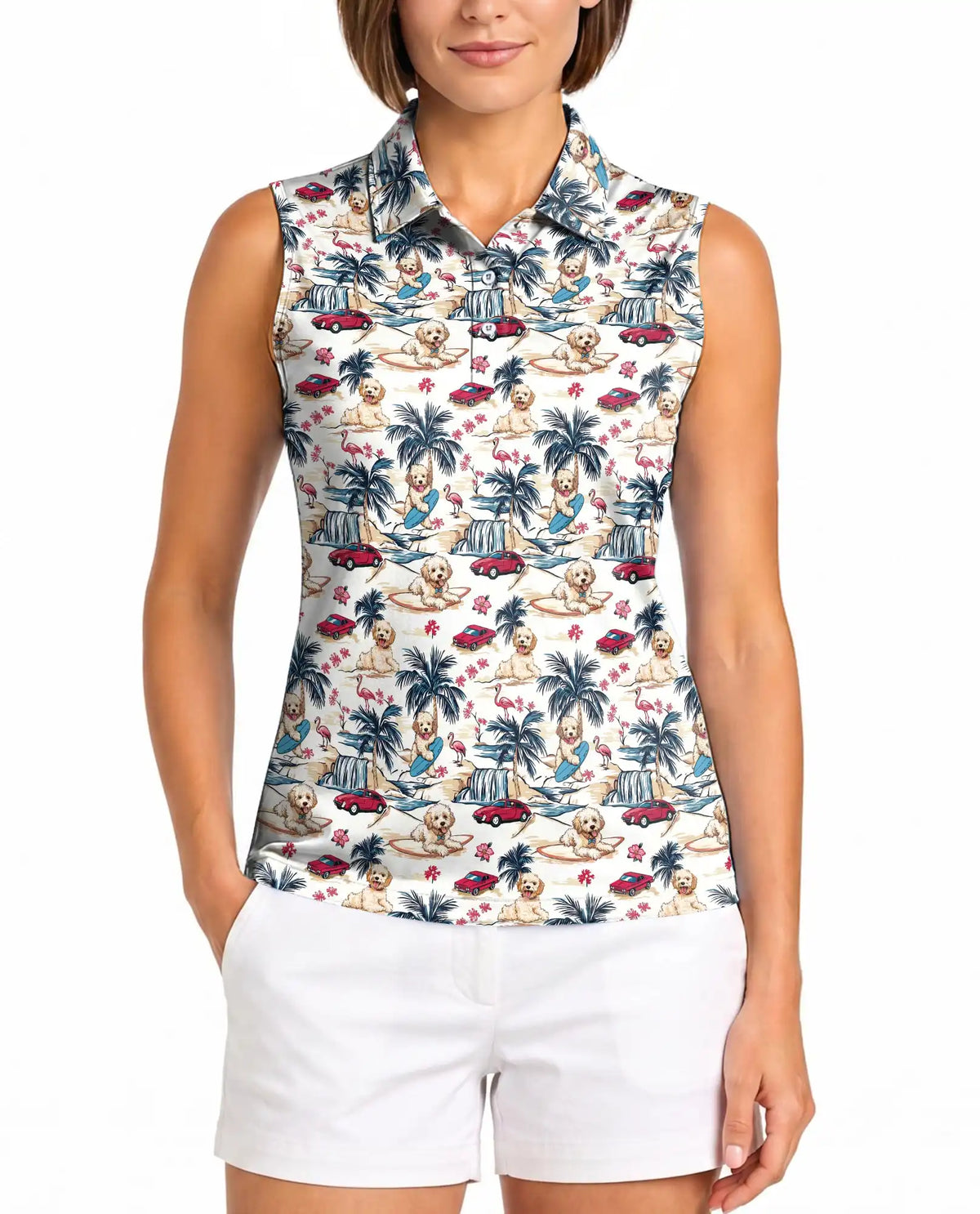 Tropical Dog Sleeveless Polo Shirt for Women, Cute Pet Summer Style