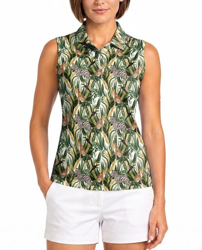 Tropical Summer Wild Animals Plants Sleeveless Polo Shirt for Women | Azhawaiian