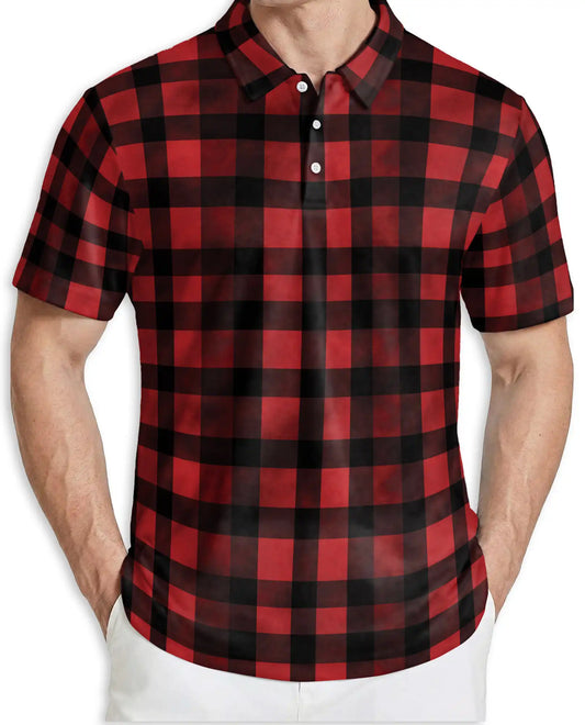 Classic Red Buffalo Plaid 3D Polo Shirt for Men, Rustic Lumberjack Style | Azhawaiian