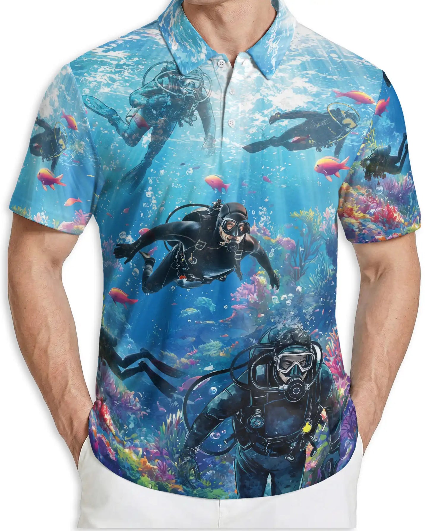 Scuba Diving Polo Shirt, Ocean Reef Print | Azhawaiian
