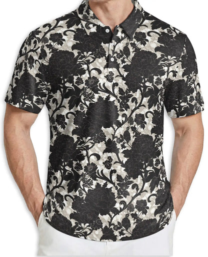 Black White Floral Damask Polo Shirt for Men- Vintage Flower Pattern | Azhawaiian