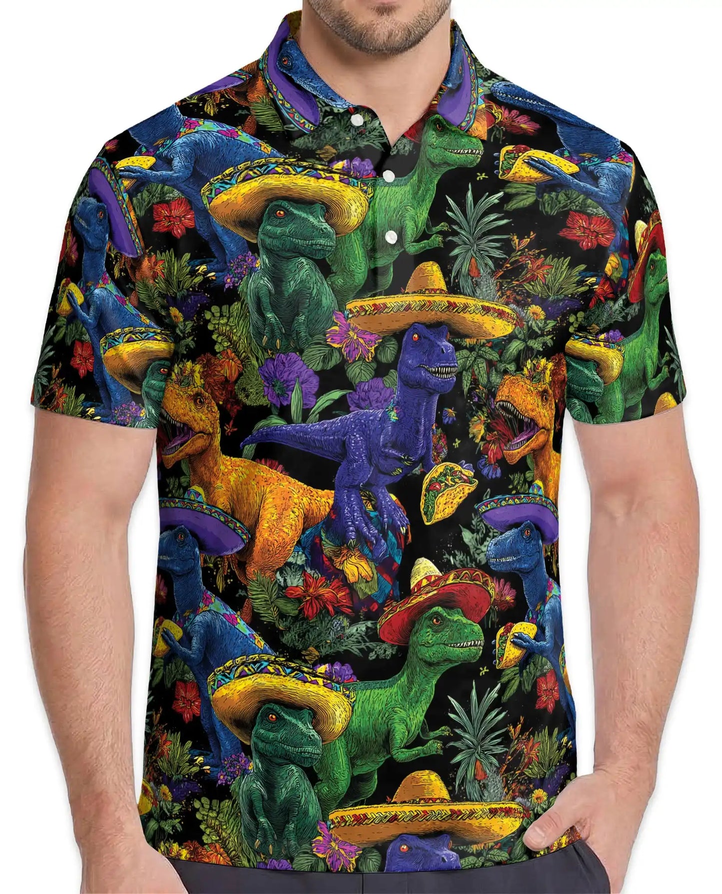 Fiesta Dinosaur Polo Shirt - Colorful Taco T Rex Style | Azhawaiian