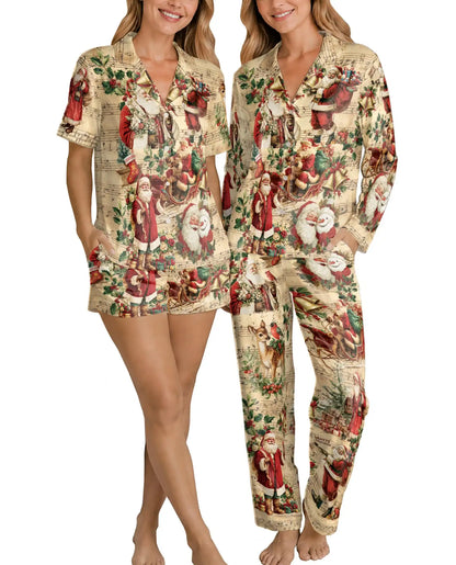 Vintage Santa Christmas Pajama Set for Women – Antique Music Sheet Print