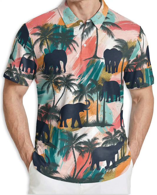 Elephant Tropical Polo Shirt, Sunset Jungle Print | Azhawaiian