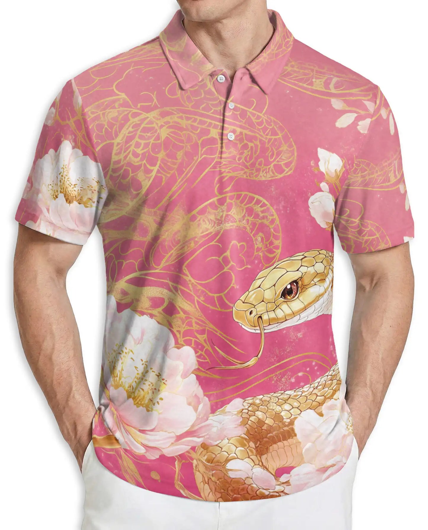 Snake Floral Polo Shirt, Gold Serpent Print | Azhawaiian