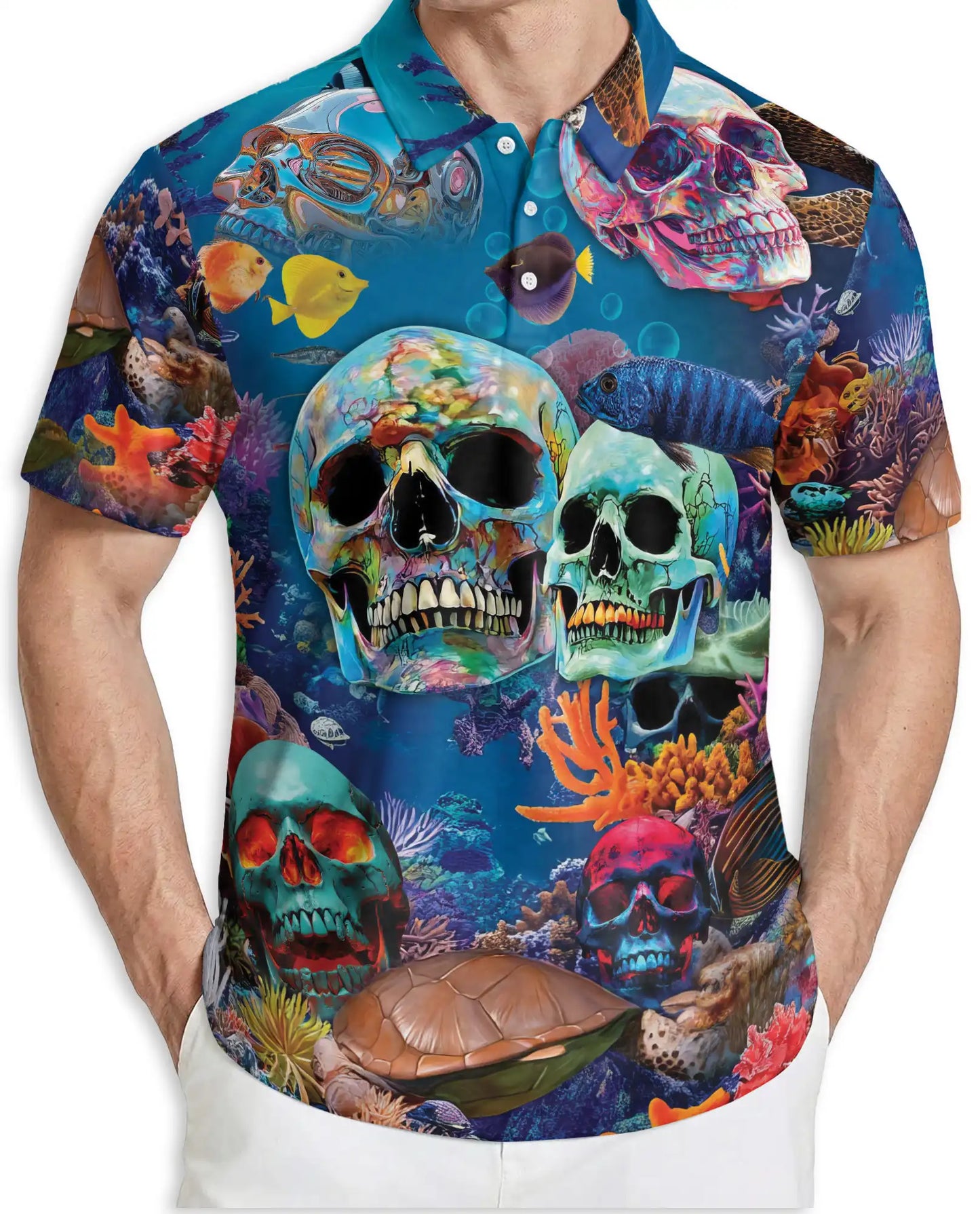 Ocean Skull 3D Polo Shirt for Men, Underwater Gothic Sea Style | Azhawaiian