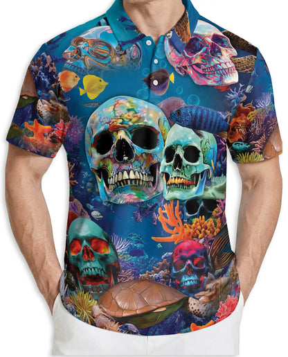 Ocean Skull 3D Polo Shirt for Men, Underwater Gothic Sea Style | Azhawaiian