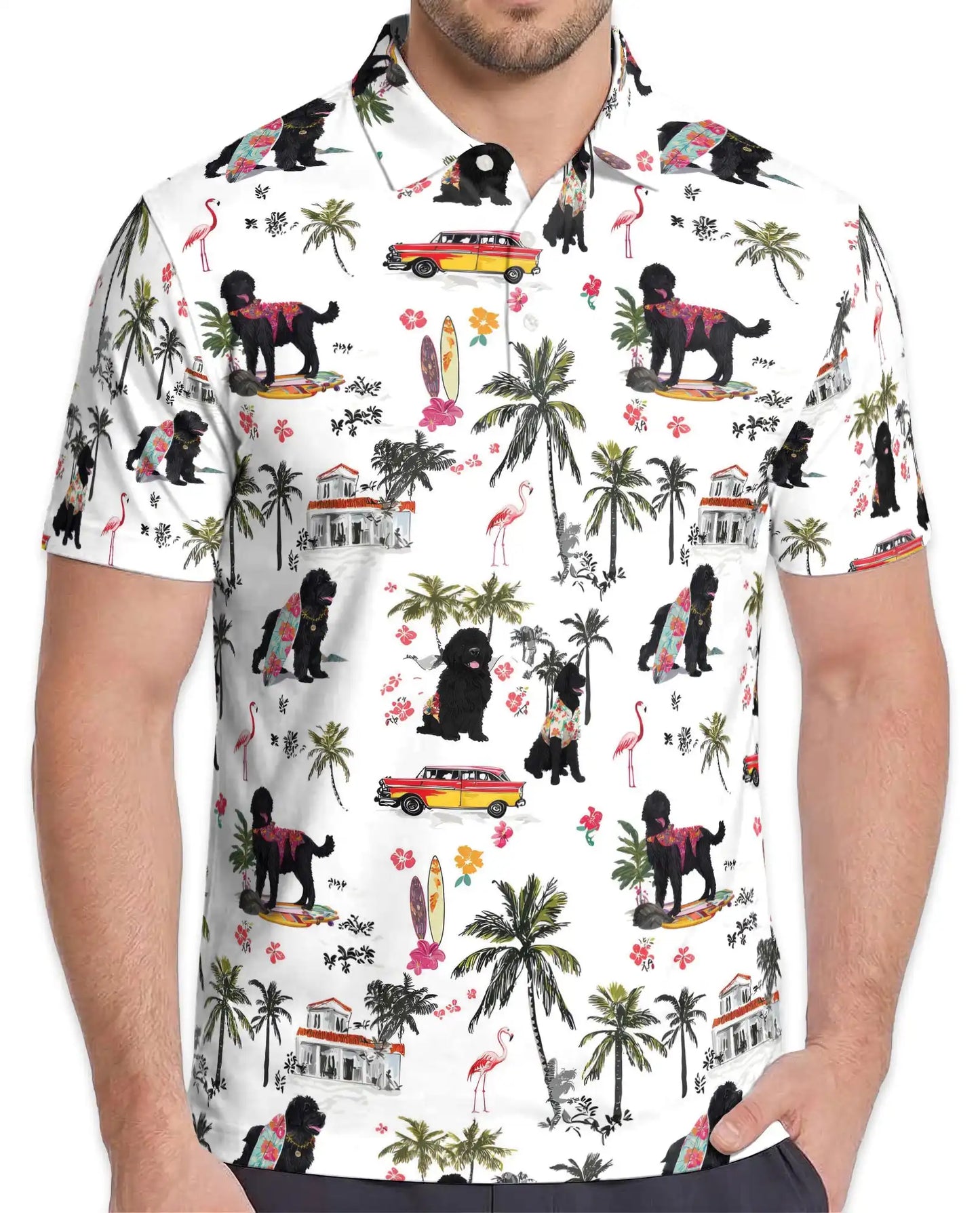 Black Poodle Tropical Beach Polo Shirt for Men- Print Hawaiian Dog  | Azhawaiian