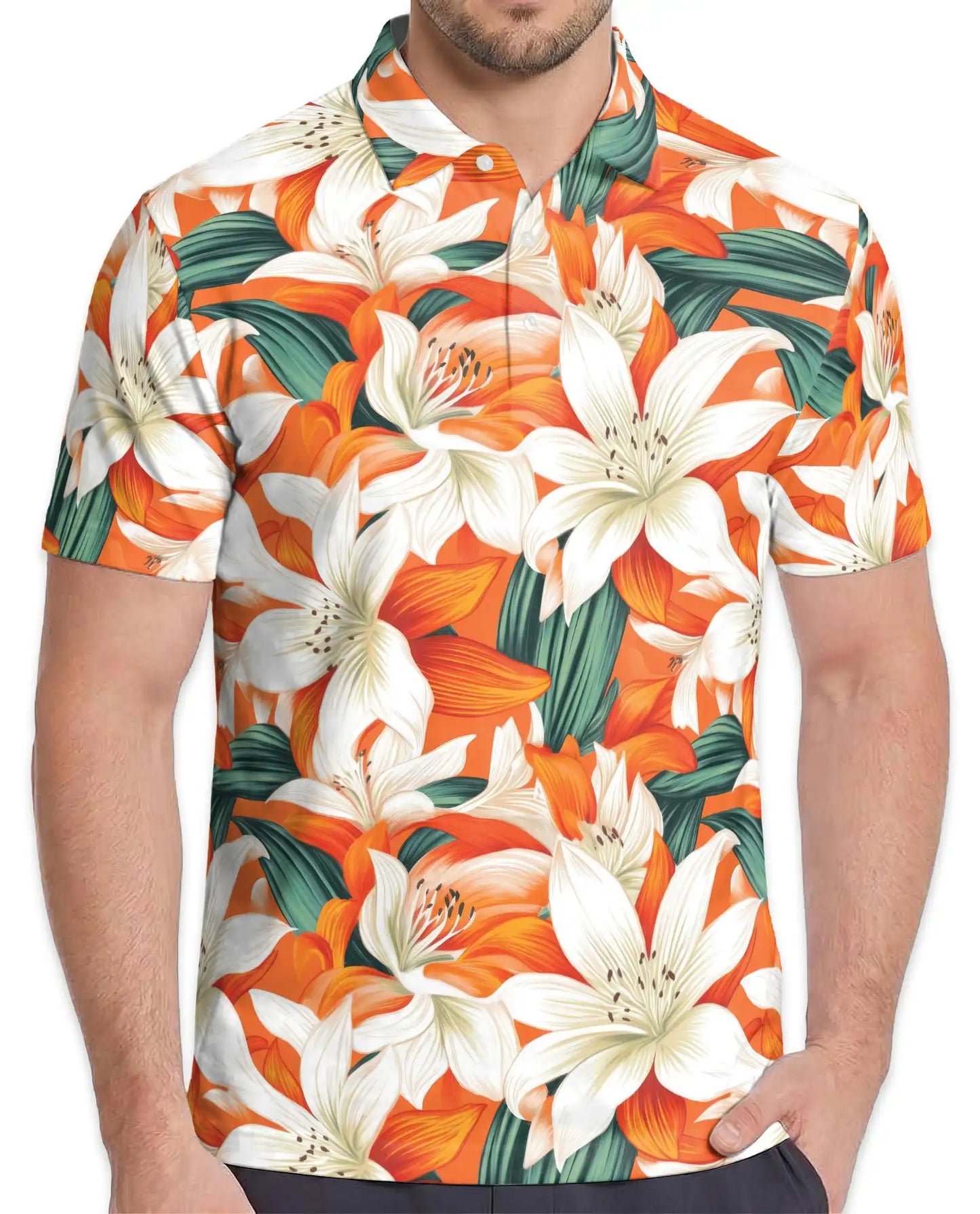 Orange Lily Polo Shirt for Men, Tropical Floral Style | Azhawaiian