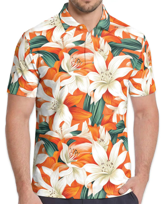 Orange Lily Polo Shirt for Men, Tropical Floral Style | Azhawaiian