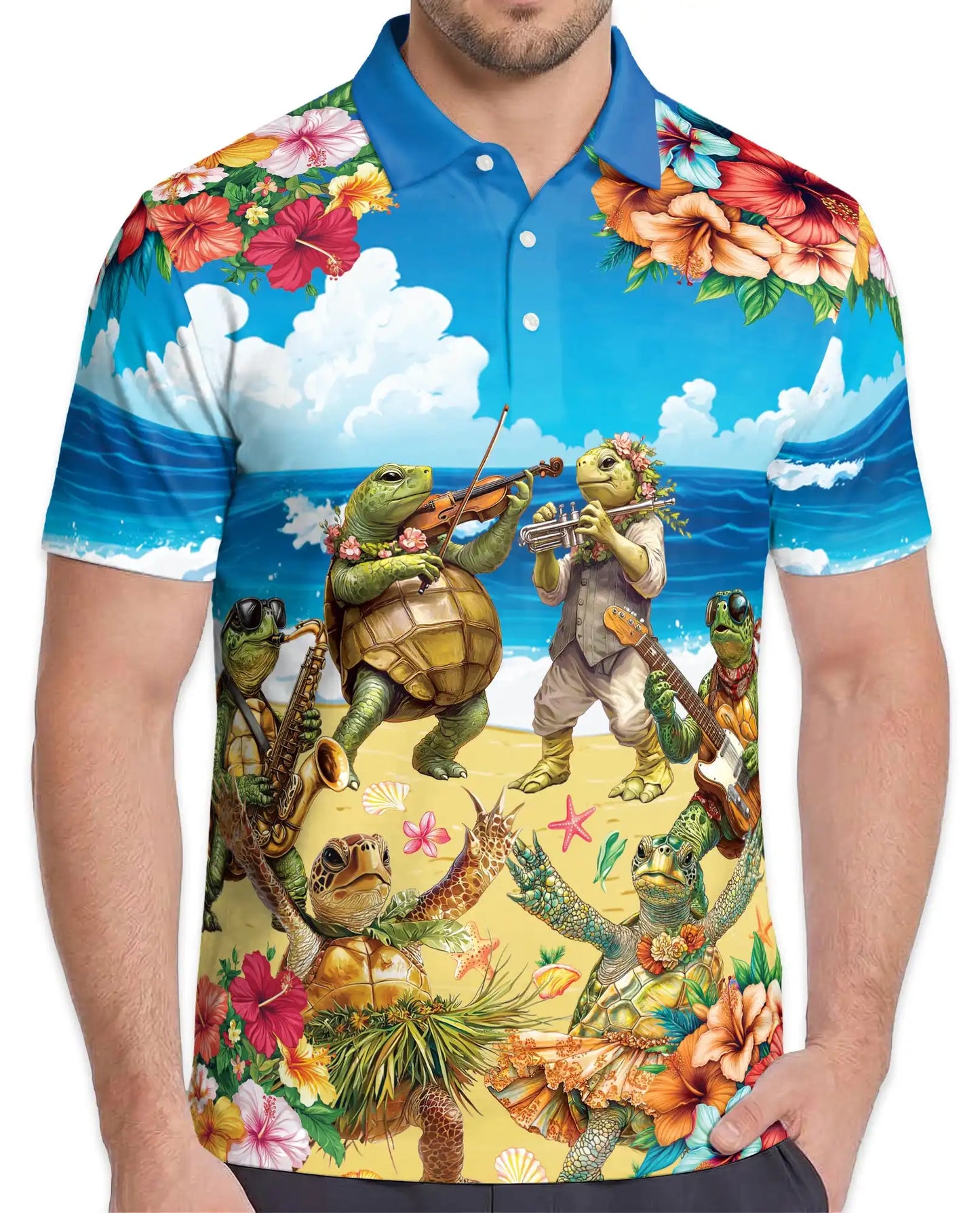Turtle Beach Band Polo Shirt, Tropical Music Style | Azhawaiian