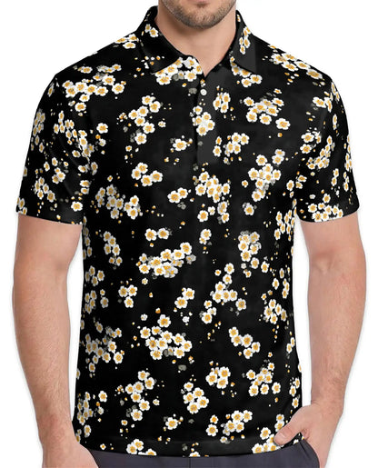 Daisy Flower Polo Shirt for Men, Minimal Floral Style | Azhawaiian