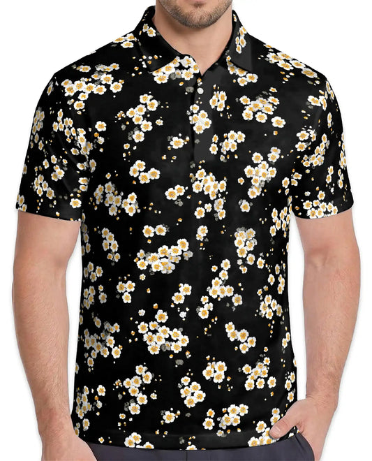 Daisy Flower Polo Shirt for Men, Minimal Floral Style | Azhawaiian
