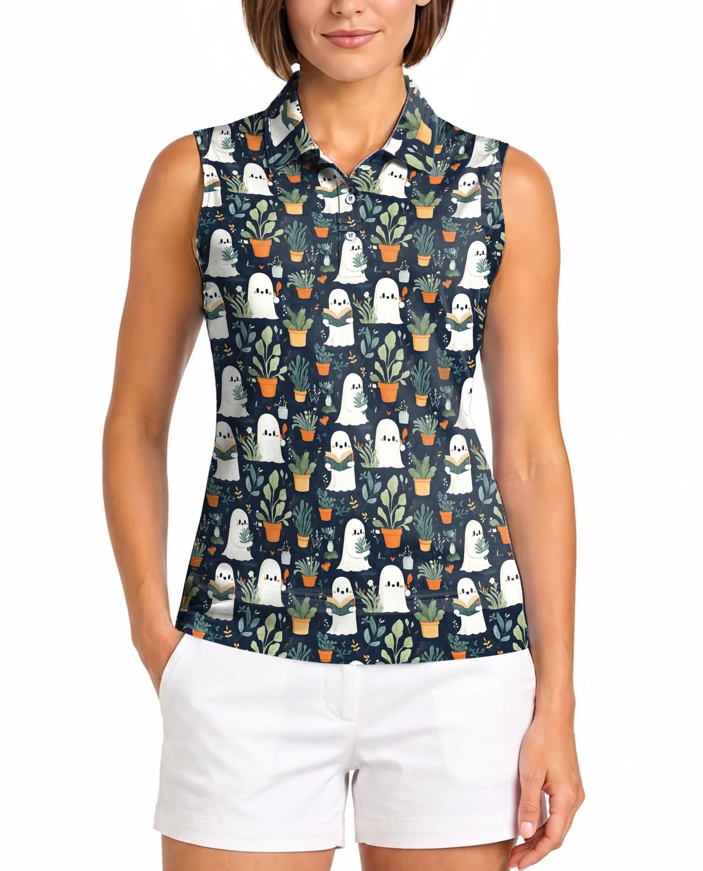 Cute Ghost Holding Plants Pattern Sleeveless Polo Shirt for Women | Azhawaiian